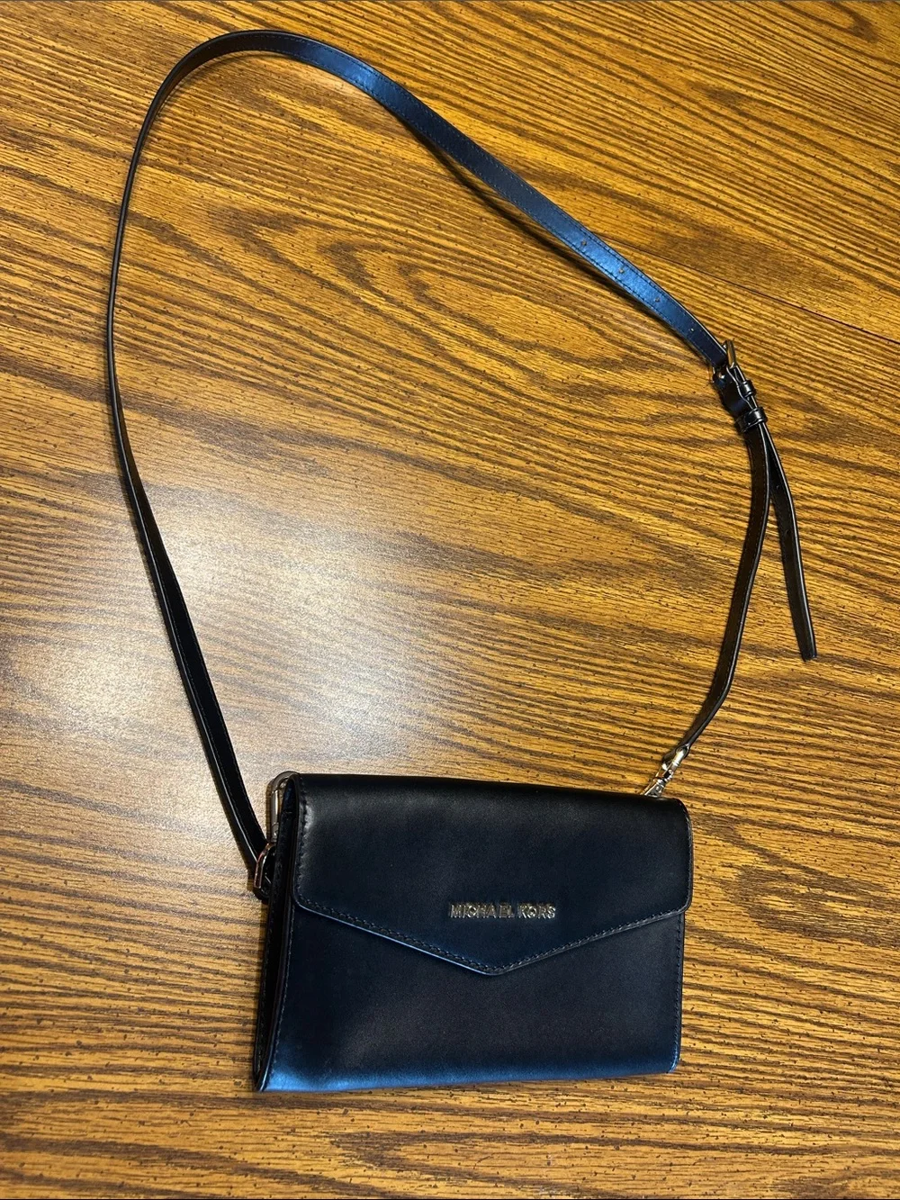 Michael Kors Black Leather Envelope Crossbody with Gold Tone Logo